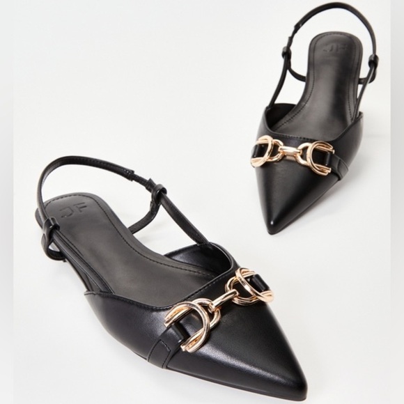 Justfab Just Fab Pointed Toe Black Slingback Flats w/ Gold Accent New Size 9 - Picture 2 of 12